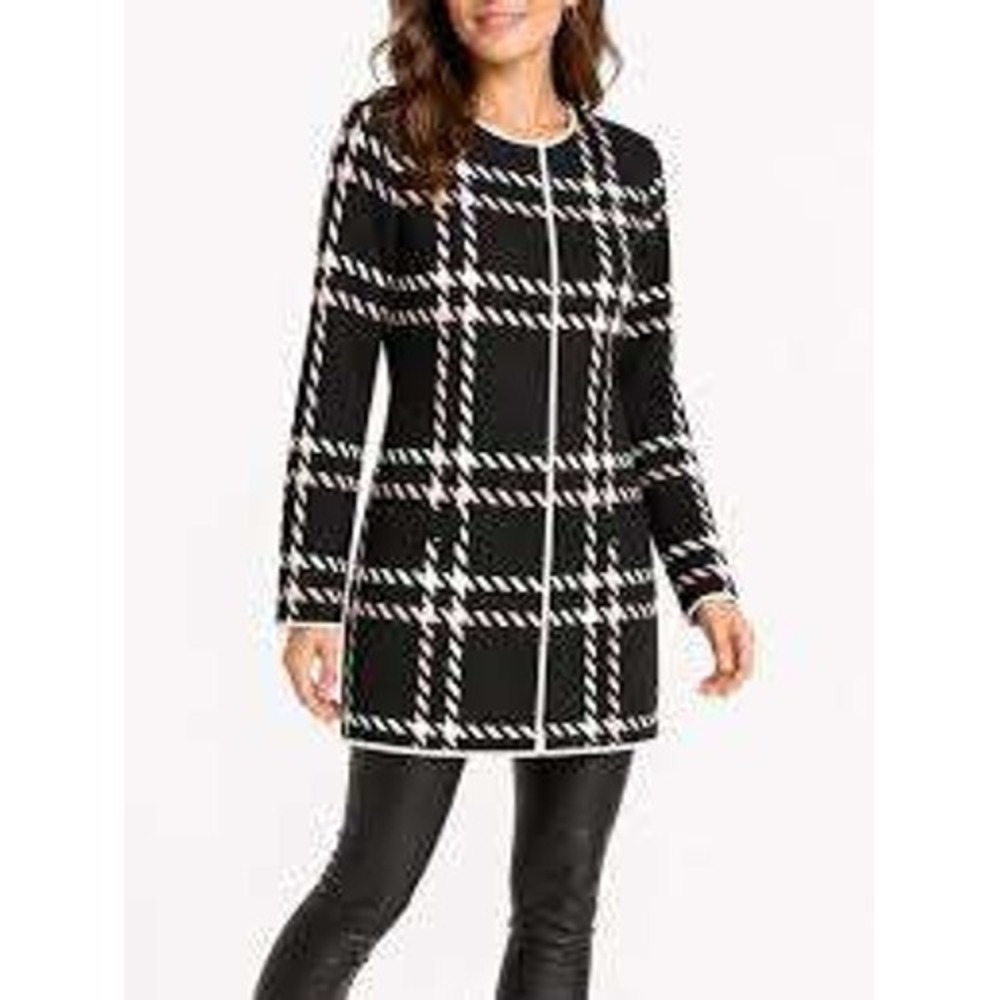 Talbots Plaid Long Cardigan Sweater Women Size XS Black Pink Longline Knit Work